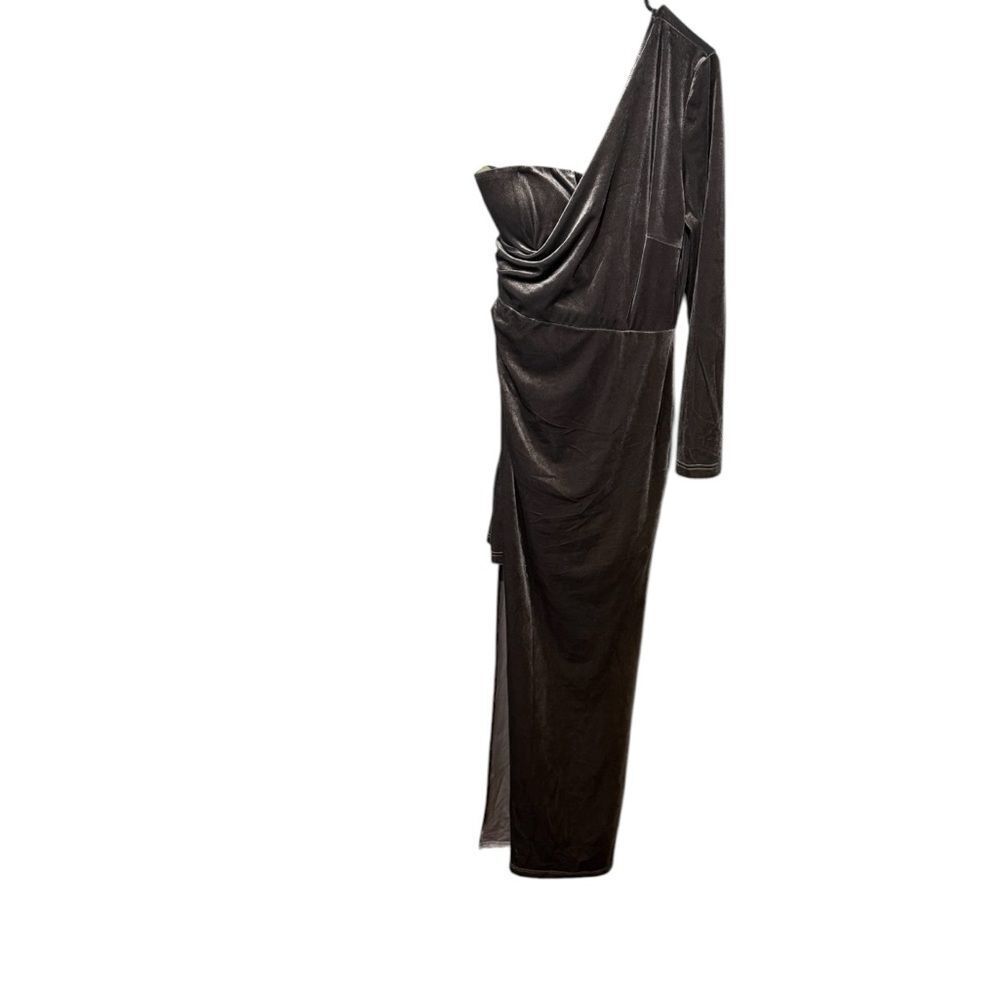 Nwt Romance By Honey & Beau Grey One Sleeve Elegant Dress High Slit Velvet Us4